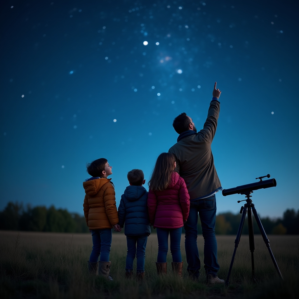 Famiglia con bambini che osserva il cielo notturno in campagna