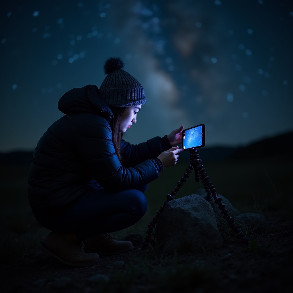 Persona che fotografa le stelle con uno smartphone su cavalletto